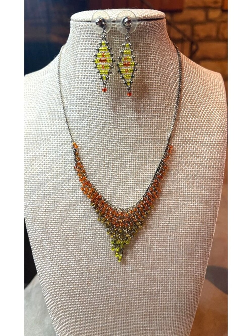 Beaded Colorful Gradient Fringe Necklace & Drop Earring Set